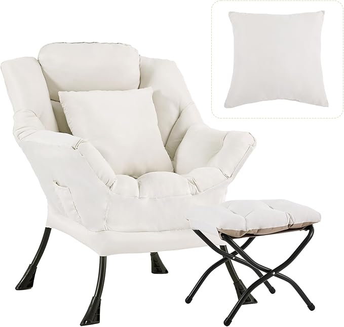 Lazy Chair with Ottoman, Modern Large Accent Lounge Chair with a Pillow, Leisure Sofa Armchair with Ottoman, Reading Chair with Footrest for Bedroom, Living Room, Dorm Room,Peach Beige