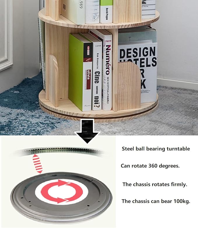 Heehee Rotating Wooden Bookshelf 360 Display 4 Tier Floor Standing Bookcase Storage Rack for Kids&Adults Solid Wood Bookshelf Organizer
