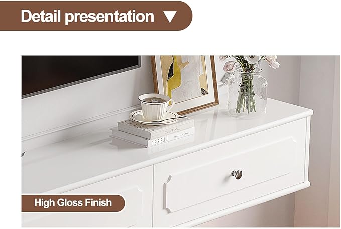 Retro Floating TV Console with 3 Doors,47'' High Gloss Floating TV Stand,Wall Mounted TV Cabinet,Contemporary Floating Media Console for Under TV Storage,Living Room,Bedroom(White)