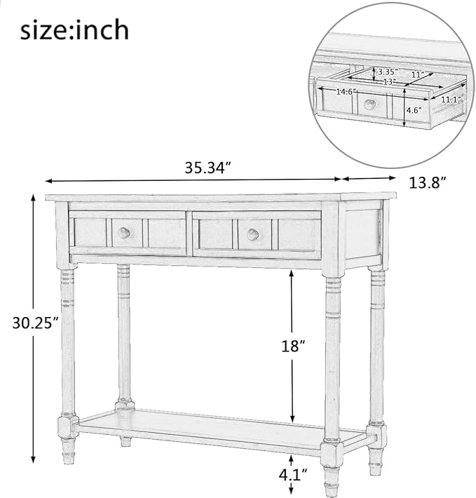 Bellemave Console Table with Drawers, Retro Entryway Table with 2 Drawers and Open Storage Shelf, Narrow Long Sofa Table, Behind Couch Table for Living Room, Foyer and Hallway, Ivory White