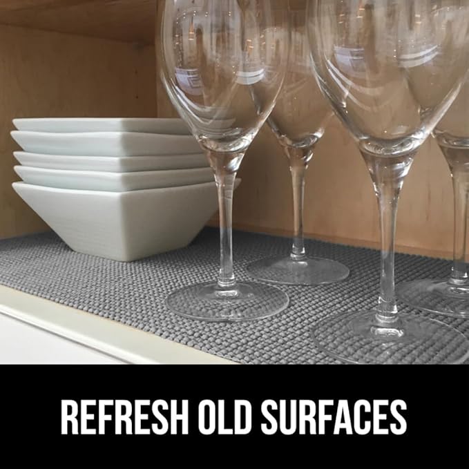 GORILLA GRIP powerGRIP Drawer Shelf and Cabinet Liner, Thick Strong Hold, Non-Adhesive Liners Protect Kitchen Cabinets and Cupboard, Bathroom Drawers, Easy Install, Breathable Mat, 17.5" x10', Gray
