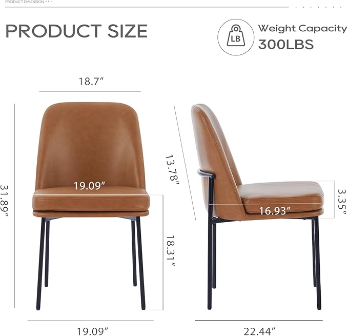 COLAMY Modern Dining Chairs Set of 2, Faux Leather Upholstered Kitchen Chairs with Curved Back & Metal Legs, Mid-Century Dining Room Chair (Brown)