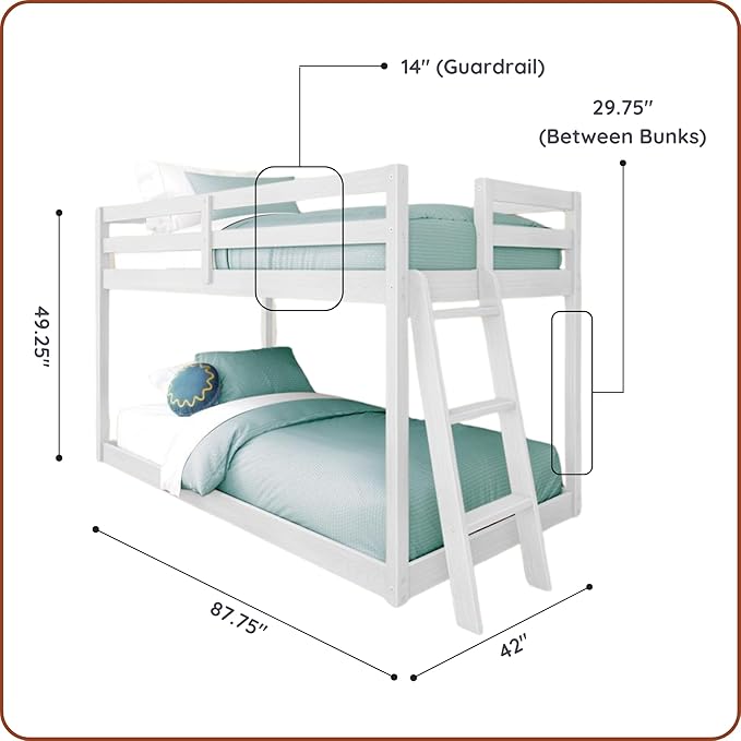 Grain & Grove Bear Twin Over Twin Bunk Bed, Low Bunk Bed Frame for Kids, Bunk with Ladder, Guardrail, and Slats, No Box Spring Required, Brushed White