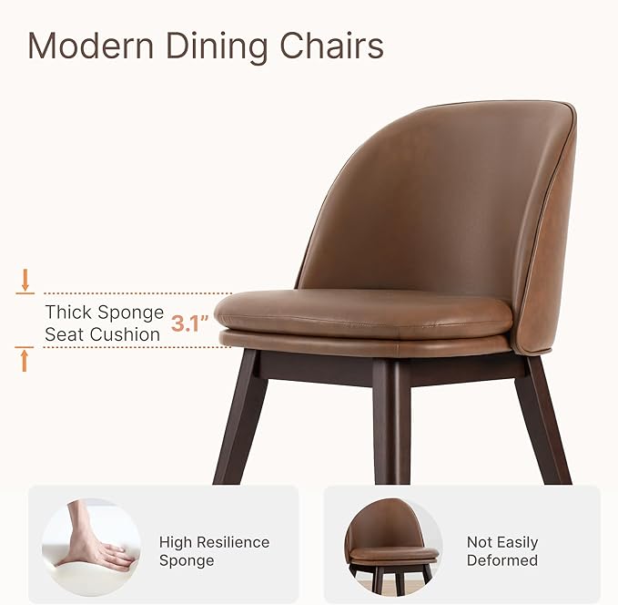 Wooden Dining Chairs Set of 2, Faux Leather Upholstered Modern Dining Room Chairs with Double-Layer Thick Seat Cushion & Ergonomic Backrest for Restaurant, Kitchen and Café, Brown