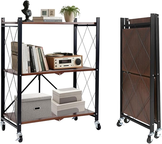BAOYOUNI 3-Tier Vintage Industrial Bookshelf - No Assembly Folding Storage Shelf with Woodgrain Finish | Collapsible Metal Bookcase for Living Room, Office & Bedroom