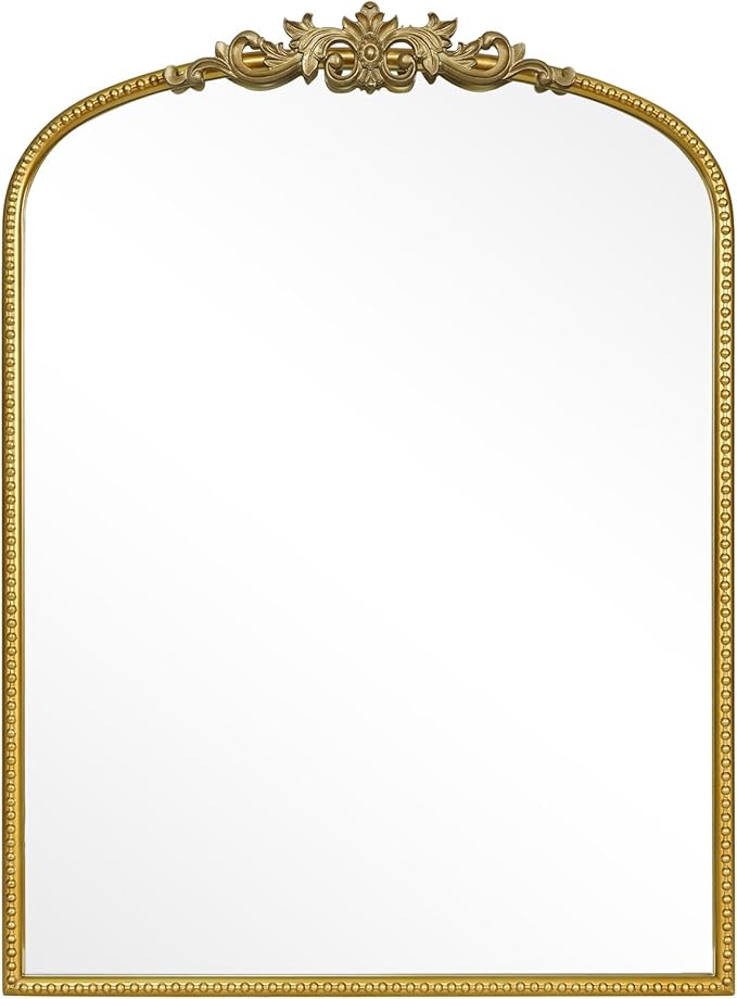 WallBeyond Gold Vintage Mirror for Vanity 28x36 Inch, Gold Antique Mirror with Ornate Frame, Arched Vintage Wall Mirror for Bathroom, Living Room, Fireplace, Entryway