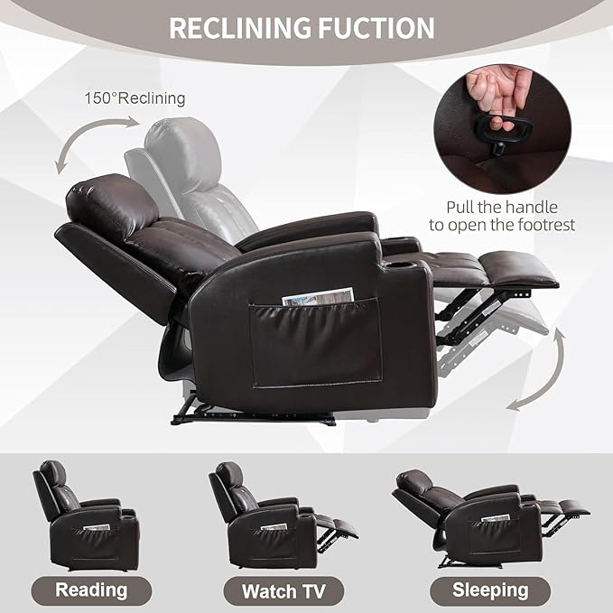 Phoenix Home Manual Recliner Chair Set of 2 with Massage and Heat, Ergonomic Overstuffed Faux Leather Recliner Single Sofa with 2 Cup Holders, Living Room Lounge Recliners on Clearance, Brown