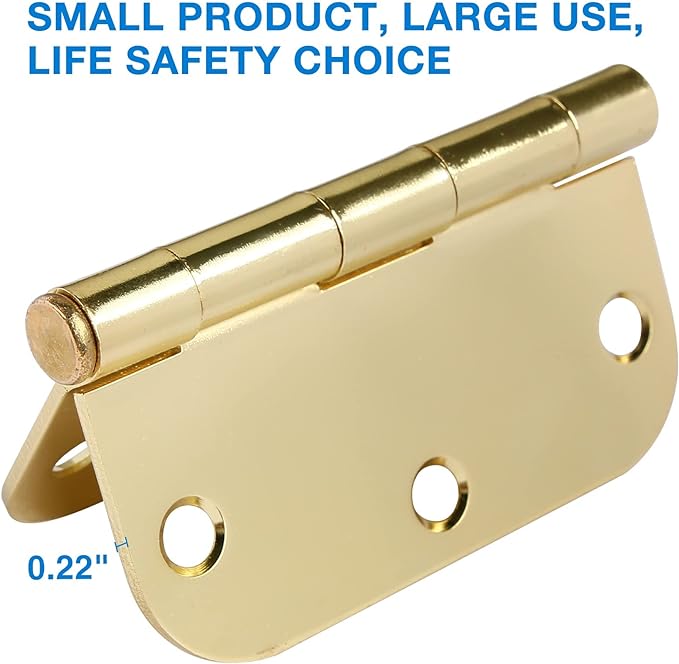 3 Pack Rounded Door Hinges 3-1/2" x 3.5 inch, 5/8 Radius, Polished Brass 3 ½ Inch Gold House Interior Hinge for Bed/Living/Guest/Pantry/Storage/Study/Work Room Doors Heavy Duty Steel Hardware Kit