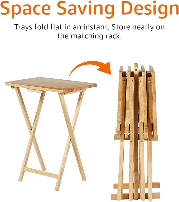 Amazon Basics Classic Foldable TV Dinner Tray Table with Storage Rack, 14.6 L x 19 W x 26 H inch, Natutral, 4-Pack