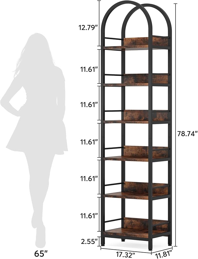 Tribesigns 6-Tier Open Bookshelf, 78.7" Tall Arched Bookcase Narrow Bookshelf with Metal Frame, Freestanding Corner Bookcase Display Shelves for Living Room, Home Office, Rustic Brown