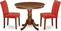 East West Furniture ANAB3-MAH-72 3 Piece Dinette Set for Small Spaces Contains a Round Kitchen Table with Pedestal and 2 Firebrick Red Faux Leather Parsons Chairs, 36x36 Inch, Mahogany