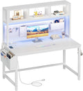 White Computer Desk with Hutch and Pegboard - Computer Desk with Power Outlets, 47 Inch Modern Study Teen Desk with Pegboard Storage Bag, Hooks and Side Bag,Writing Desk for Bedroom Home Office