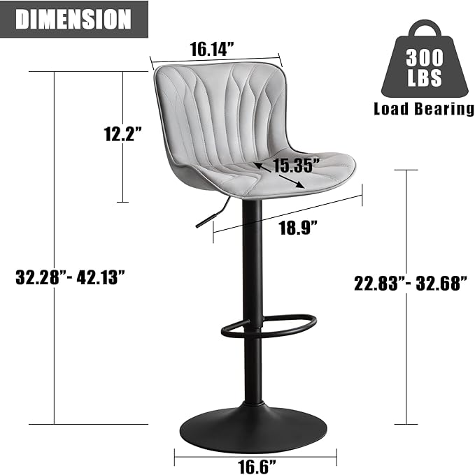 YOUNIKE Single Grey Bar Stools Modern Swivel Counter Height Bar Chair with Back Adjustable Kitchen Island Faux Leather Padded Barstools taburetes de bar Breakfast sillas para barra de cocina 1PCS
