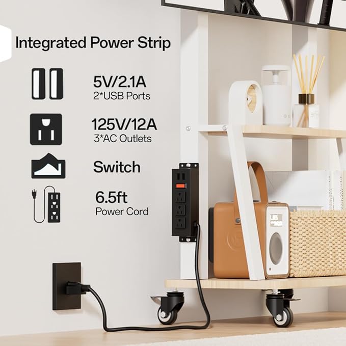 Mobile TV Stand with Power Outlet, Wood Shelf Portable TV Stand on Wheels for 32 to 55 65 70 75 inch Television, Height Adjustable White TV Cart, Holds up to 130LBS, Vesa 600×400mm.