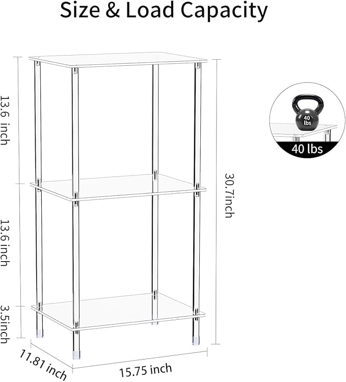 Acrylic Record Player Stand, 3-Tier Clear Turntable Table with Vinyl Record Storage, 15.75" L x 11.81" W x 30.7" H, Modern Side Table/End Table
