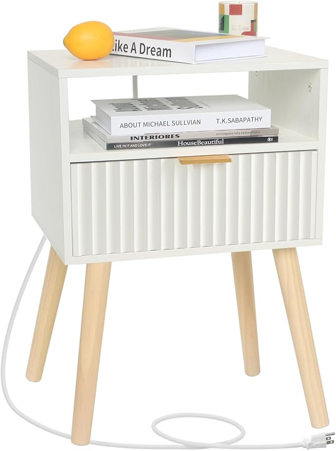 White Nightstand with Charging Station, Modern Bedside Table with Drawer and Solid Wood Legs, Fluted End Side Table for Bedroom, Dorm and Small Space (White)