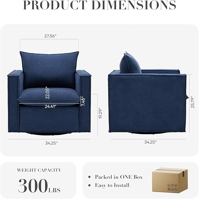 COLAMY Swivel Accent Chair, 34in Living Room Chair Upholstered Armchair with Back Pillow Modern Comfy Sofa Chair for Bedroom/Corner/Reading, Blue
