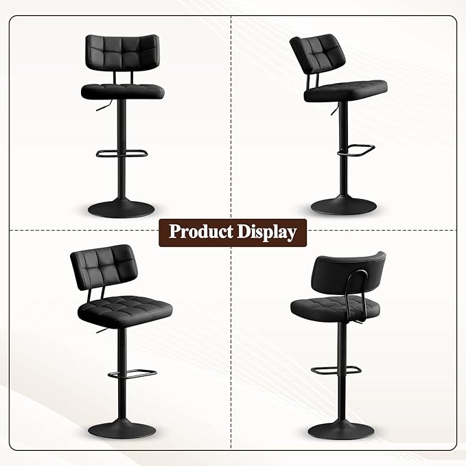 Furniliving Upholstered Bar Stools Set of 4, Faux Leather Swivel Bar Stools with Back, Adjustable Counter Height Barstools for Kitchen Island, Dining Space, Black
