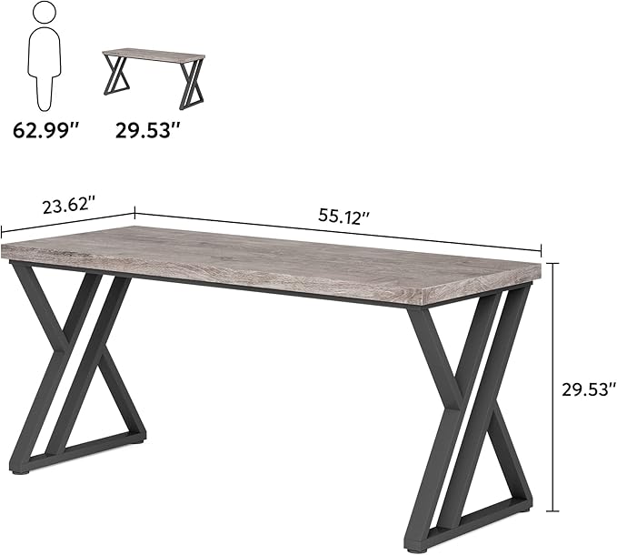 LITTLE TREE 55 Inch Large Simple Industrial Computer Desk Study Writing Table Home Office Workstation,Grey