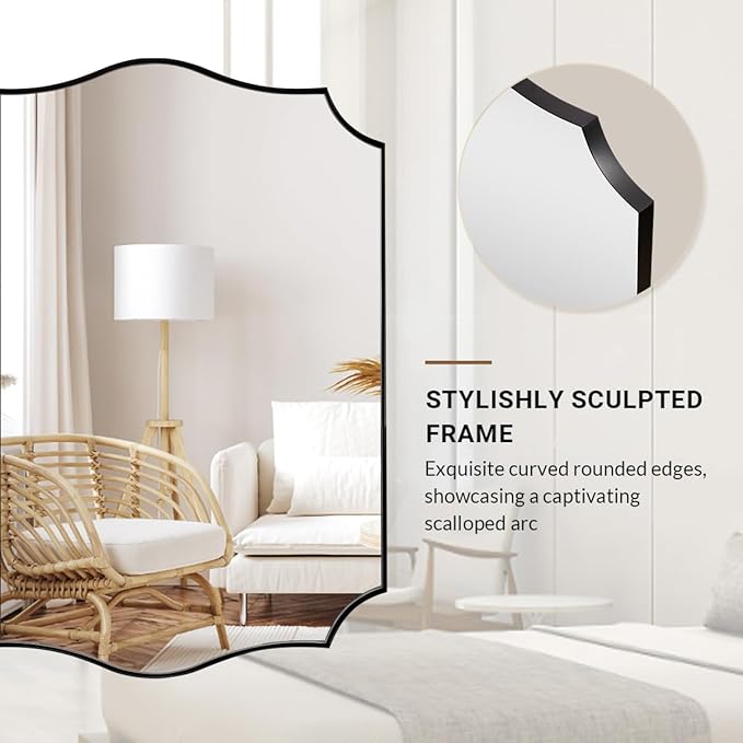 ANDY STAR Bathroom Mirror, 28x36 Inch Matte Black Vanity Mirror, Unique Rectangle Mirror with Sophisticated Curved Design, Ideal for Bathroom Remodel (Vertical or Horizontal)