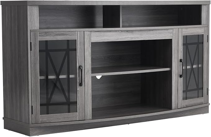 VEVOR TV Stand for TVs up to 65 inch, Farmhouse Entertainment Center with Light Strip, Wooden TV Cabinet Storage with Glass Doors and Adjustable Shelves, Console Table for Living Room, Bedroom, Gray