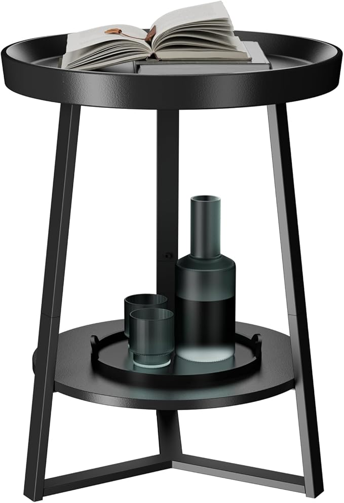 Gadroad Round End Table with Storage Shelf, 2 Tier Farmhouse Side Table Nightstand for Living Room, Bedroom, Wood Tabletop & Black Metal Frame, Black 15.7 * 15.7 * 23.0inches