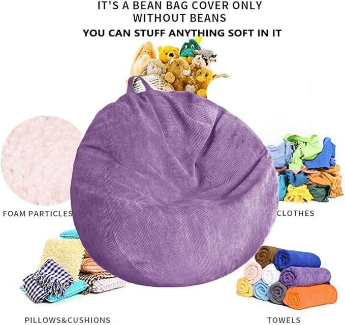 Stuffed Animal Storage Bean Bag Chair Cover - Washable Ultra Soft Corduroy Sack Bean Bag Cover for Organizing Plush Toys or Textile