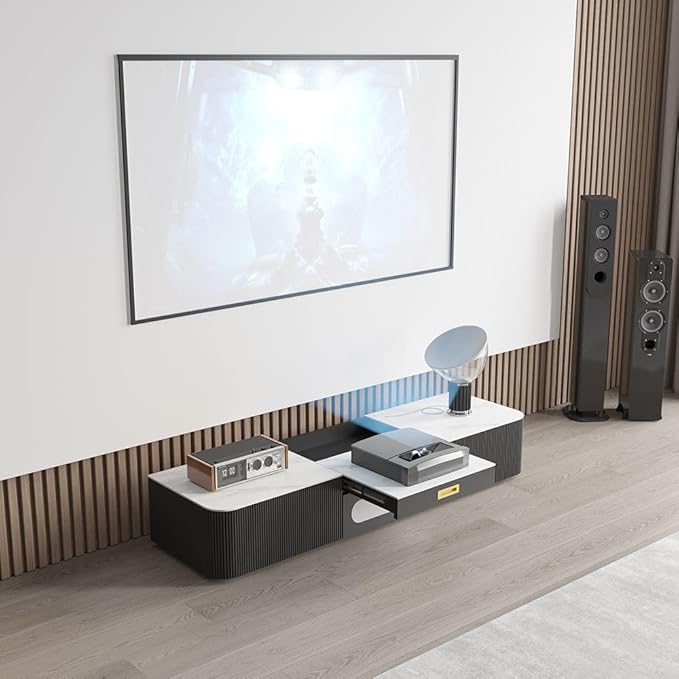 POVISON Modern TV Stand for Projector, Sintered Stone Entertainment Center with Storage for Living Room Bedroom, 55 inch TV Stand, Solid Wood TV Stand