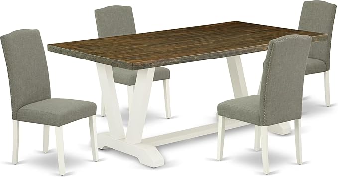 East West Furniture V077EN206-5 5 Piece Modern Dining Table Set Includes a Rectangle Wooden Table with V-Legs and 4 Dark Shitake Linen Fabric Parsons Dining Chairs, 40x72 Inch, Multi-Color
