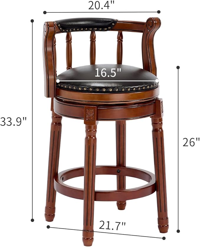 Cow top Leather Wooden Bar Stools, 360 Degree Swivel Bar Height Chair with Backs for Home Kitchen Counter, Morden Chair Barstools (Black, Counter Height-Seat Height 26”)