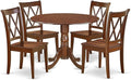 East West Furniture DLCL5-MAH-W 5 Piece Dining Room Table Set Includes a Round Dining Table with Dropleaf and 4 Wood Seat Chairs, 42x42 Inch, Mahogany