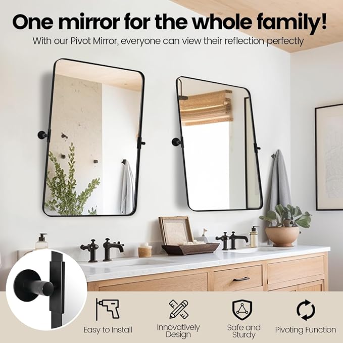 MOON MIRROR Matte Black Rounded Rectangle Pivot Mirror for Bathroom, Vanity, Overall 26.33x30 in (Without Bracket 22x30 in), Hangs Vertical Only