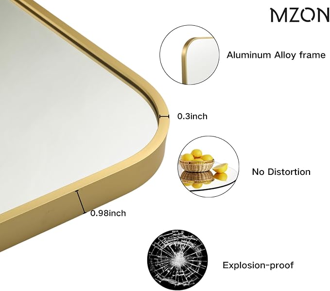 MZON 22x30 Inch Brushed Gold Vanity Mirror, Rectangle Bathroom Mirrors for Over Sink, Anti-Rust Frame & Tempered Glass, Hangs Horizontally/Vertically - Perfect for Farmhouse, Bedroom or Entryway Decor