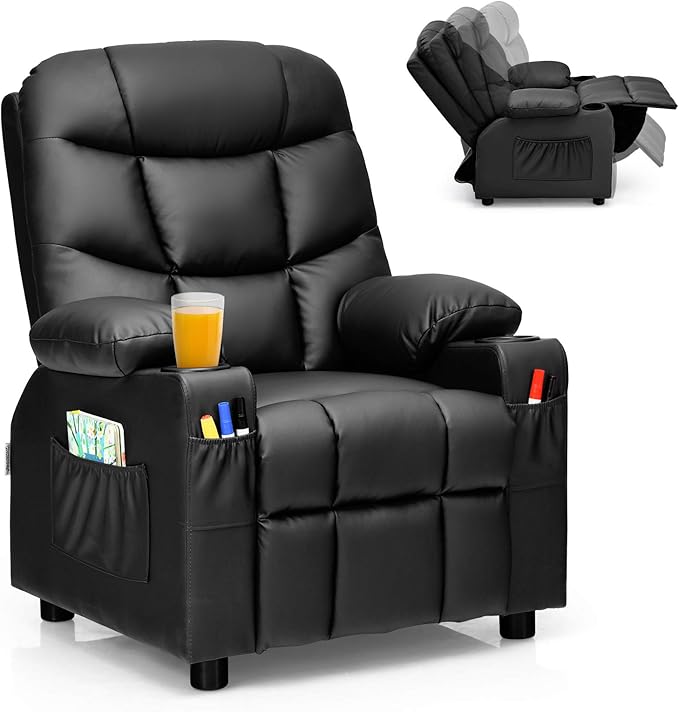 Costzon Kids Recliner Chair with Cup Holder, Adjustable Leather Lounge Chair w/Footrest & Side Pockets for Children Boys Girls Room, Ergonomic Toddler Furniture Sofa, Kids Recliner (Black)