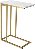 Yusong C Shaped End Table, Couch Side Table That Slide Under Sofa Bed, Small Table for Small Spaces, Skinny Overbed Table for Coffee Drink Snack, Living Room, Gold and White Marbled Wooden Top