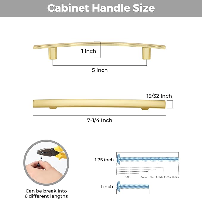 25 Pack Cabinet Handles 5" Hole Center - Curved Cabinet Pulls Brushed Brass Drawer Pulls for Kitchen Cupboard Solid Handles for Dresser Drawer Arch Closet Hardware