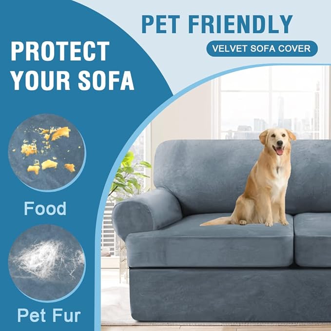 H.VERSAILTEX Sofa Cover 3 Piece T Cushion Loveseat Slipcovers Thick Velvet Couch Cover Stretch T Cushion Sofa Covers for 2 Cushion Couch with 2 Individual T Cushion Covers Washable, Stone Blue