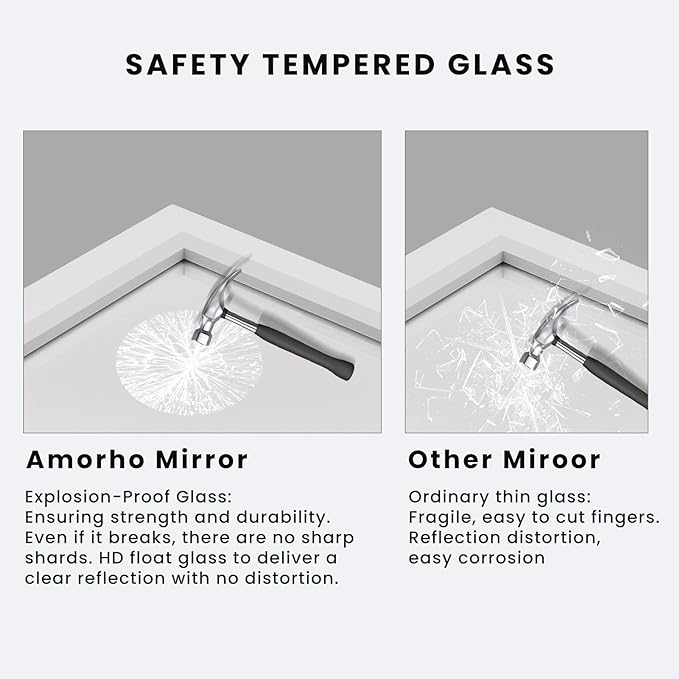 Amorho Bathroom Mirror, 60X36 Inch White Thick Metal Framed Wall Mirrors for Over 2 Sinks, Bedroom, Living Room, Entryway, Large Rectangle Wall-Mounted Mirrors.
