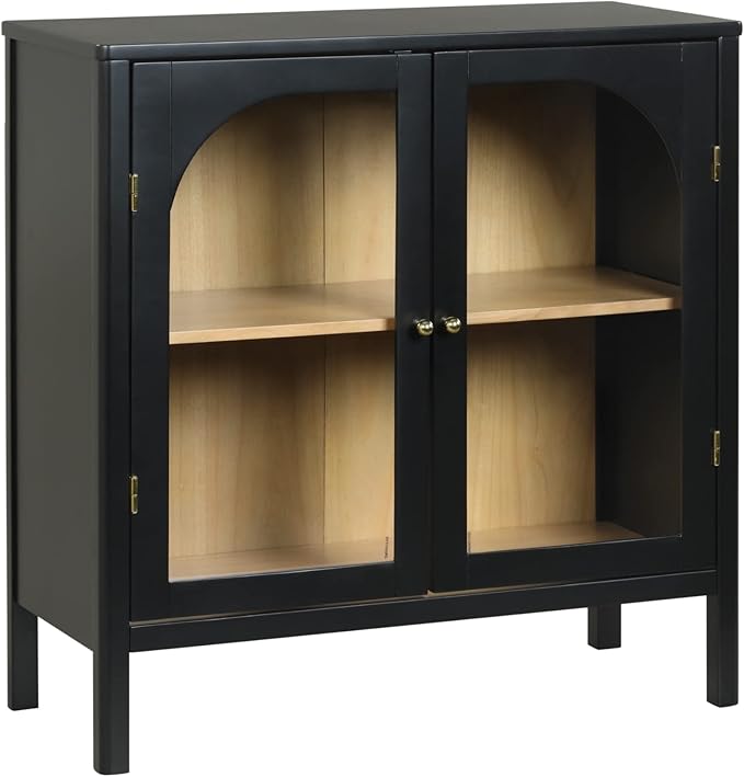 Nathan James Mason Storage Cabinet Accent Sideboard Buffet Credenza TV Stand with Glass Doors and Adjustable Shelf in Black Wood for Dining Room, Entryway and Living Room, Clear Glass/Black, Set of 2