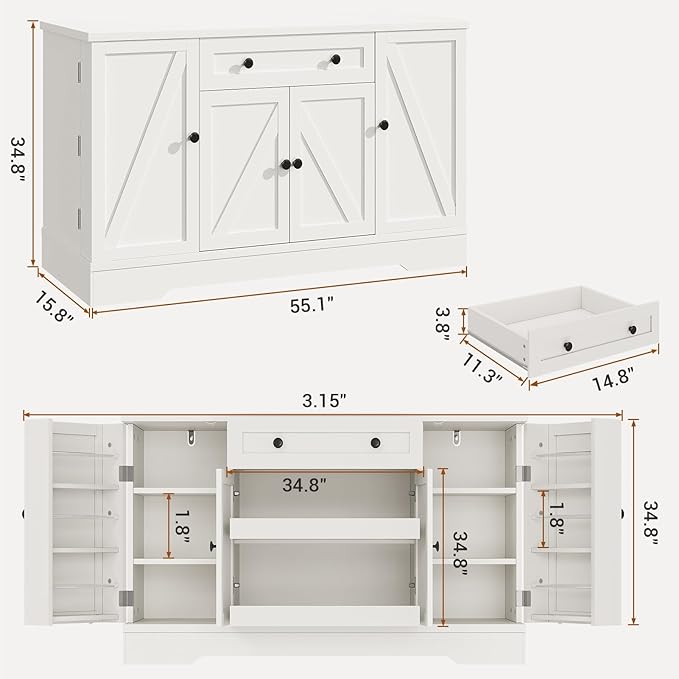55" Buffet Cabinet with Storage, Kitchen Buffet Sideboard with Pull-Out Shelves and Drawer, Wood Farmhouse Coffee Bar Cabinet with 4 Adjustable Shelves, Kitchen Pantry for Living Room, White