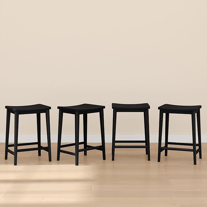 Plank+Beam Smythe Counter Stool, 24", Set of 4, Sturdy Wood Modern Kitchen Counter Height Stool, Saddle Seat Backless Counter Chair, Metal Footrest, Black