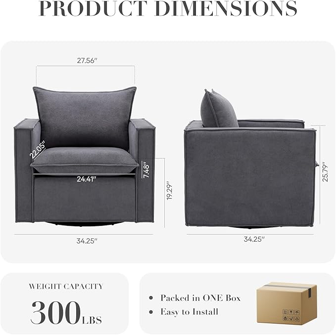 Swivel Accent Chair, 34 Inches Wide Upholstered Arm Chair with Plump Back Pillow, Modern Sofa Living Room Chair for Bedroom, Corner, Reading Nook-Grey
