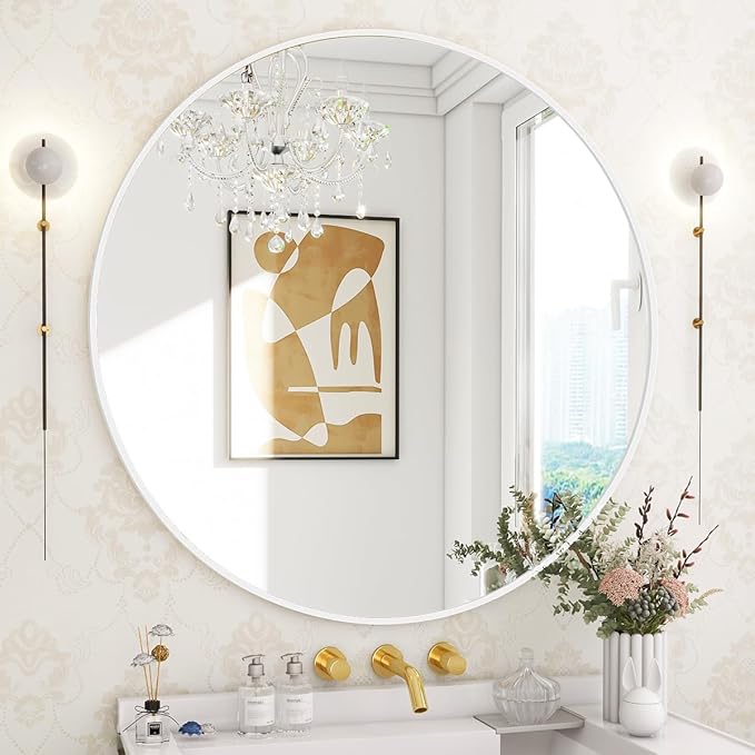 BEAUTYPEAK 30 Inch Round Mirror, Metal Frame Circle Mirror, Wall Mounted for Entryway, Bathroom, Vanity, Living Room, White