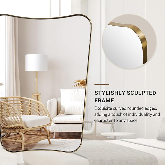ANDY STAR Gold Mirror, 24x36 Irregular Wall Mirror, Gold Antique Bathroom Vanity Mirror, Brass Mirrors for Wall, Asymmetrical Mirror in Rust-Proof Stainless Steel Metal Frame, Wall Mount Vertically