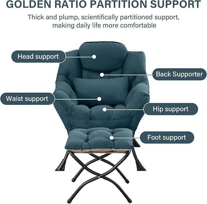 Lazy Chair with Ottoman, Modern Lounge Chair with Lumbar Pillow, Accent Cozy Reading Armchair and Folding Footstool for Bedroom, Dorm, Living Room,Navy