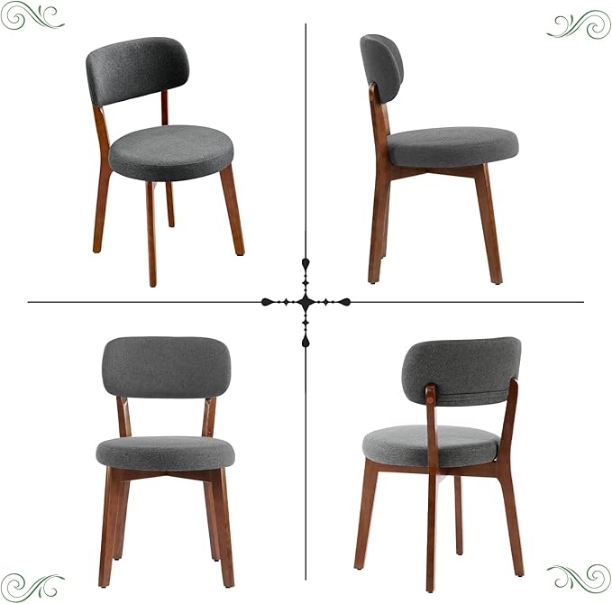 Furniliving Wooden Dining Chairs Set of 6, Mid-Century Modern Linen Upholstered Kitchen Chair with Solid Oak Wood, Farmhouse Dining Room Chairs, Grey