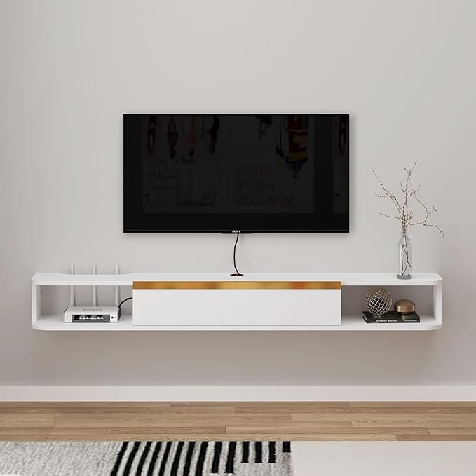 Floating TV Stand, 79'' Wall Mounted Entertainment Center TV Media Console, Floating Shelves with Door, Floating TV Cabinet Large Storage TV Bench for Living Room (White, 78.74IN)
