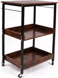 3-Tier Rolling Utility Cart with Table Top- Wooden Utility Cart wit Wheels- Kitchen Storage Microwave Table Stand, Mesh Shelves, for Living and Kitchen Room Office (Brown)