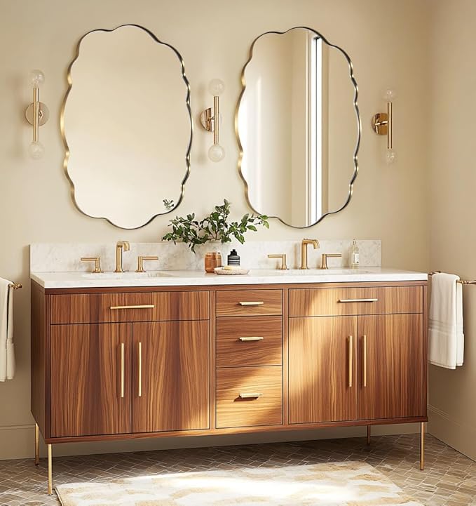 ANDY STAR Brushed Gold Scalloped Mirror - 22x30 Inch Bathroom Mirror, Vintage Oval Vanity Mirror, Rust-Proof Anti Rust Stainless Steel Wall Mount Horizontal or Vertical