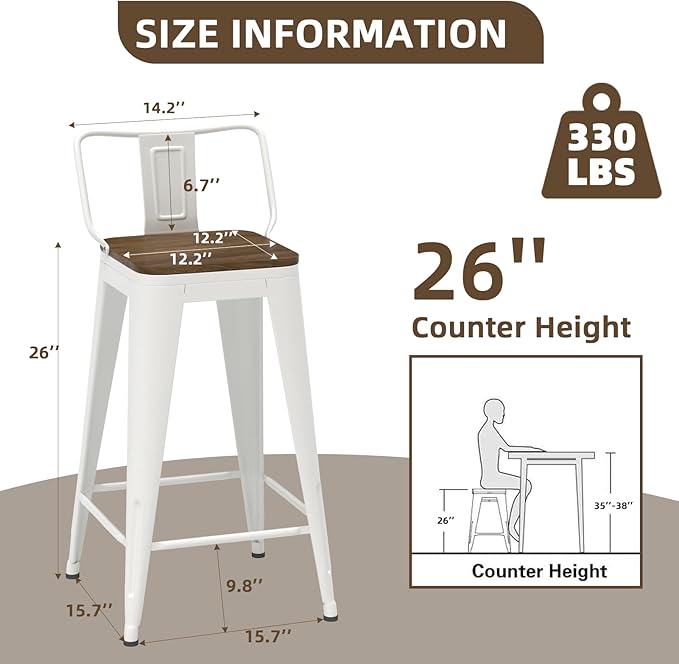26 Inch Swivel Bar Stools Set of 4, Counter Height Bar Stools with Low Back, Metal Industrial Bar Chairs for Kitchen Island (White)